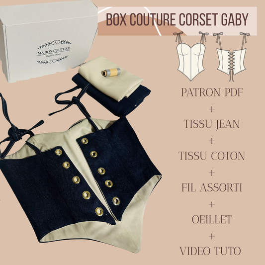 Box Couture Corset Gaby – Coffret Kaysol Couture avec tissu jean, coton beige, fil, patron PDF et tutoriel couture.
