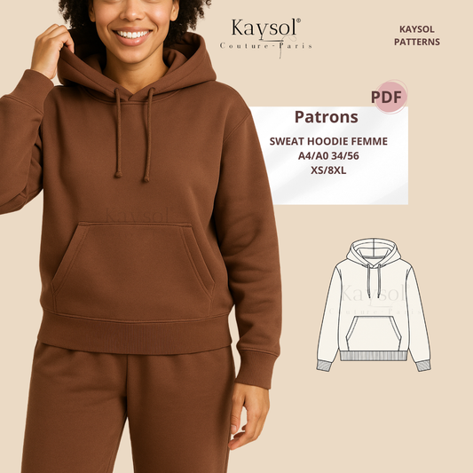 Patron de sweat à capuche femme avec poche kangourou et capuche doublée. Confortable, moderne et facile à coudre – du XS au 8XL.