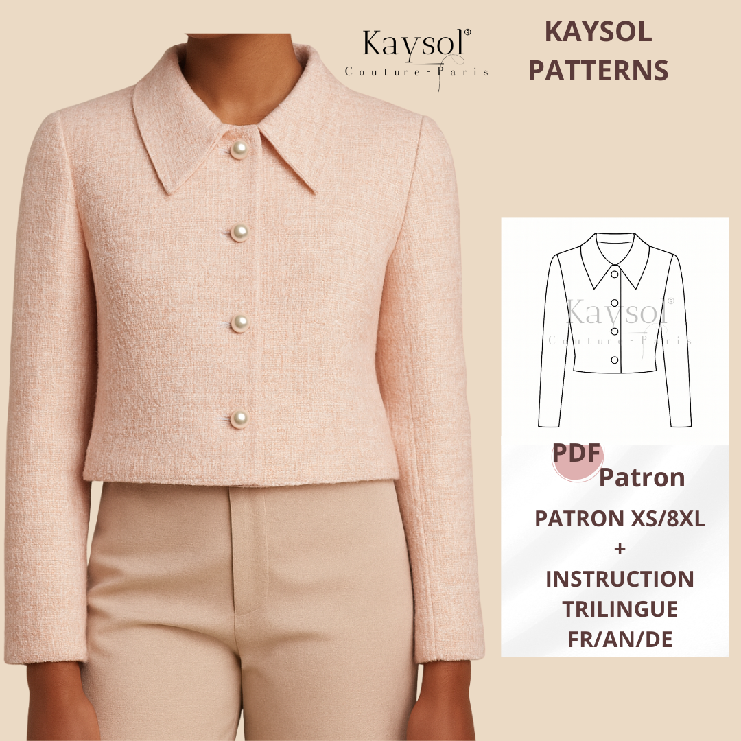 Patron PDF veste courte Noor femme. Coupe droite chic et facile à coudre. Idéal pour progresser ou offrir à une passionnée de couture. Tailles 34–56.