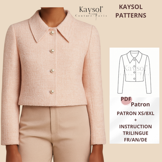 Patron PDF veste courte Noor femme. Coupe droite chic et facile à coudre. Idéal pour progresser ou offrir à une passionnée de couture. Tailles 34–56.