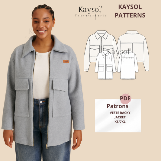 Patron couture Veste Racky – PDF multi-tailles XS–7XL + Video couture