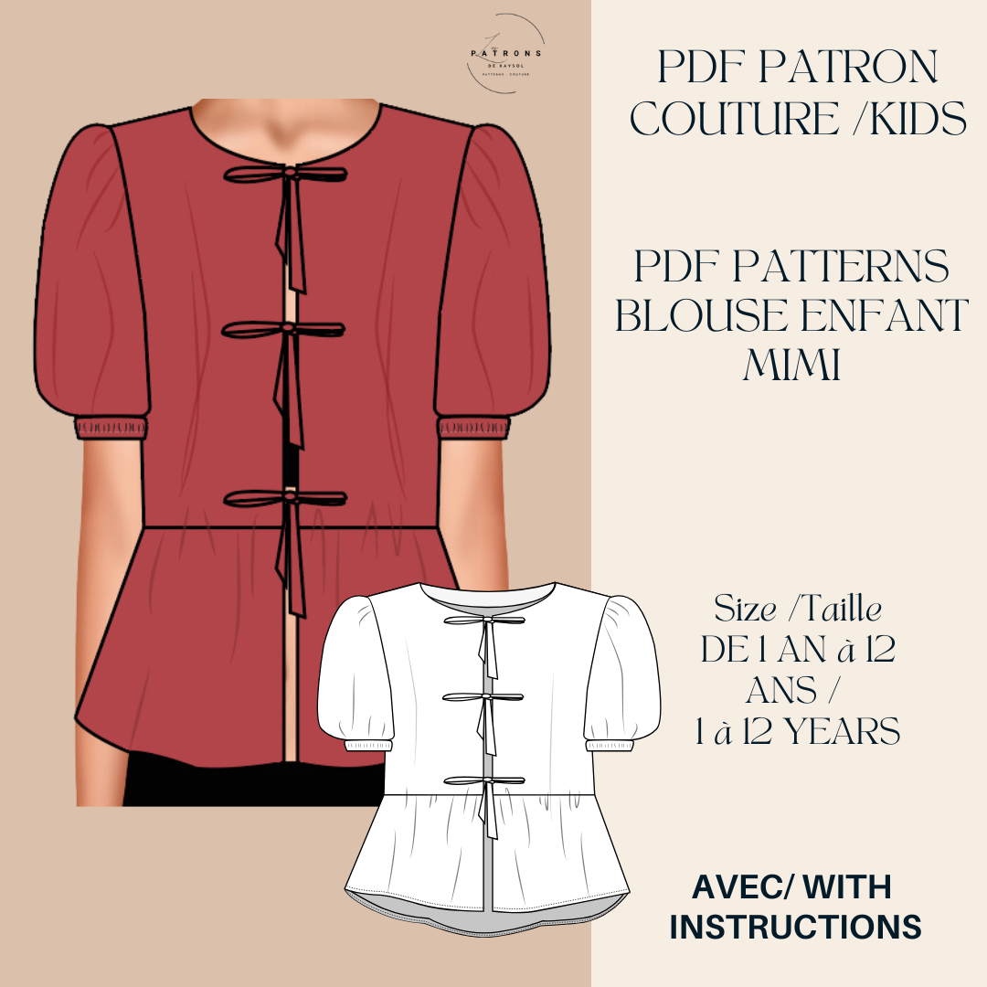 Patron couture Enfant - Patron blouse Enfant à nouer - Patron PDF - De 1 à 12 ans - Avec Instruction universel