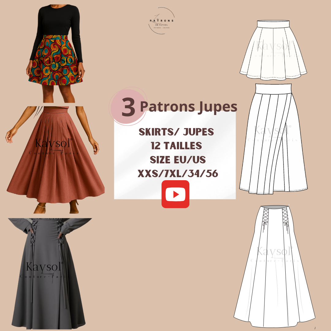 Patrons Couture Jupes femme - Pack de 3 modèles - 12 Tailles - US/EU