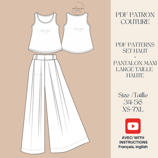 Set à Coudre été - Ensemble Haut et Pantalon maxi large - 12 tailles - PDF