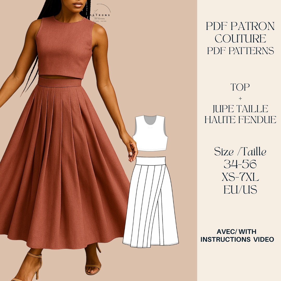 PDF Patron Couture – Ensemble Top + Jupe Taille Haute Fendue - 12 Tailles