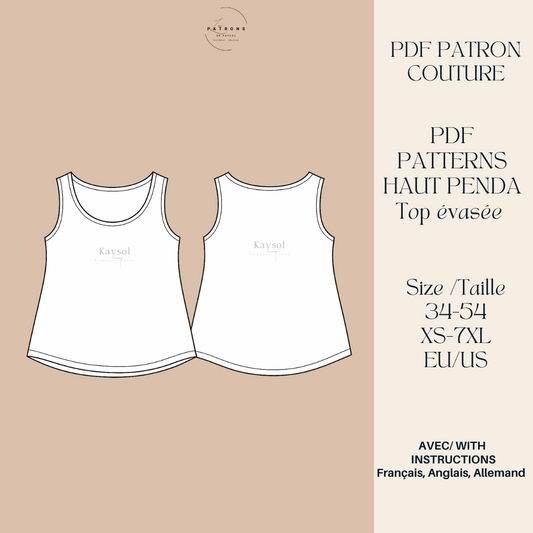 Patron couture PDF – Haut femme débutant | Top évasé sans manches | Taille XXS/7XL