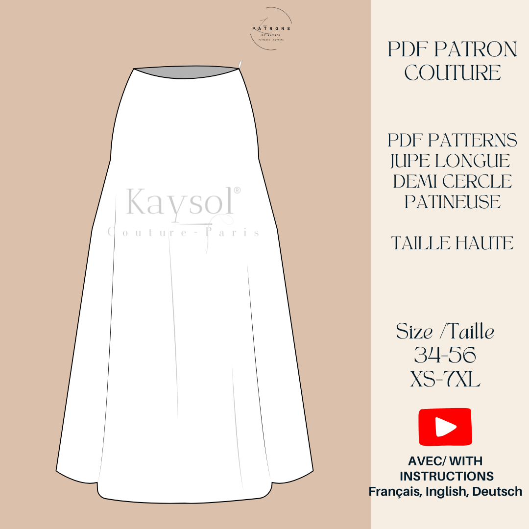 Patron Couture jupe demi cercle - Jupe Longue - Patron Pdf - 12 Tailles - EU/US- patron couture jupe pas cher- jupe pas cher- couture femme
