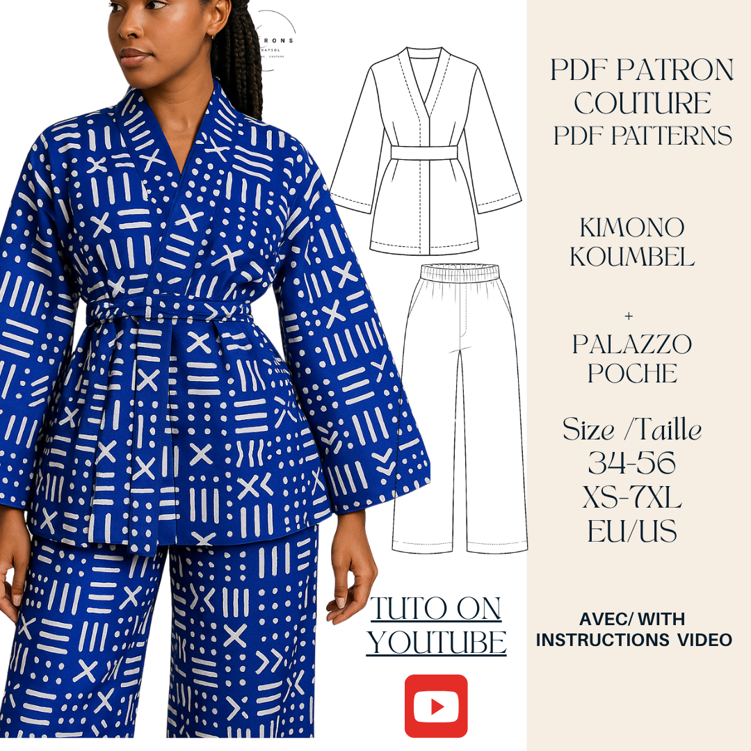 patron couture, couture facile, kimono à coudre, pantalon palazzo, patron PDF, ensemble à coudre, patron vêtement femme, patron grande taille, couture débutant, patron kimono, patron pantalon large, Kaysol Couture, patron été, DIY couture, patron femme moderne
