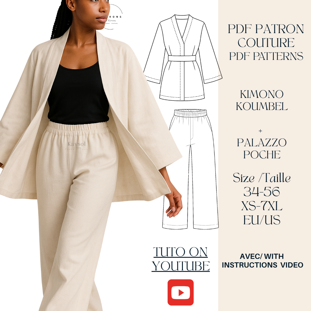patron couture, couture facile, kimono à coudre, pantalon palazzo, patron PDF, ensemble à coudre, patron vêtement femme, patron grande taille, couture débutant, patron kimono, patron pantalon large, Kaysol Couture, patron été, DIY couture, patron femme moderne
