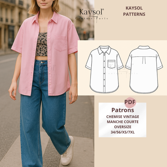 Patron PDF à coudre : chemise Rosa oversize à manches courtes. Coupe fluide, facile à adapter. Tailles 34 à 56. A4 + A0 inclus.