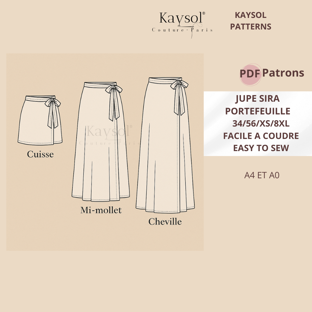 Jupe portefeuille Sira Kaysol Couture portée par le mannequin digital Aya, modèle féminin fluide et élégant, disponible en plusieurs longueurs, photographié sur fond studio beige neutre.