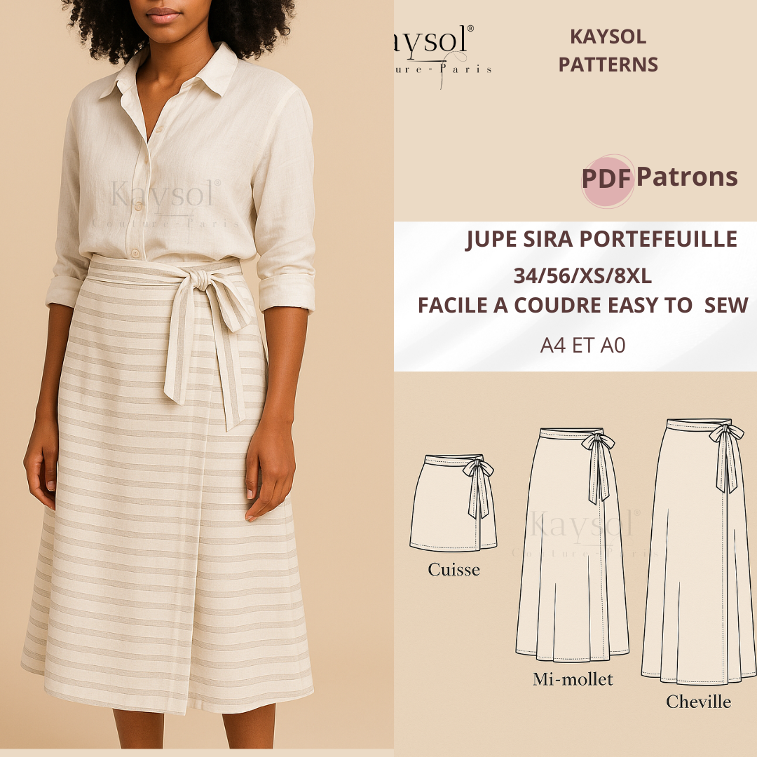 Patron Jupe portefeuille Sira Kaysol Couture portée par le mannequin digital Aya, modèle féminin fluide et élégant, disponible en plusieurs longueurs, photographié sur fond studio beige neutre.