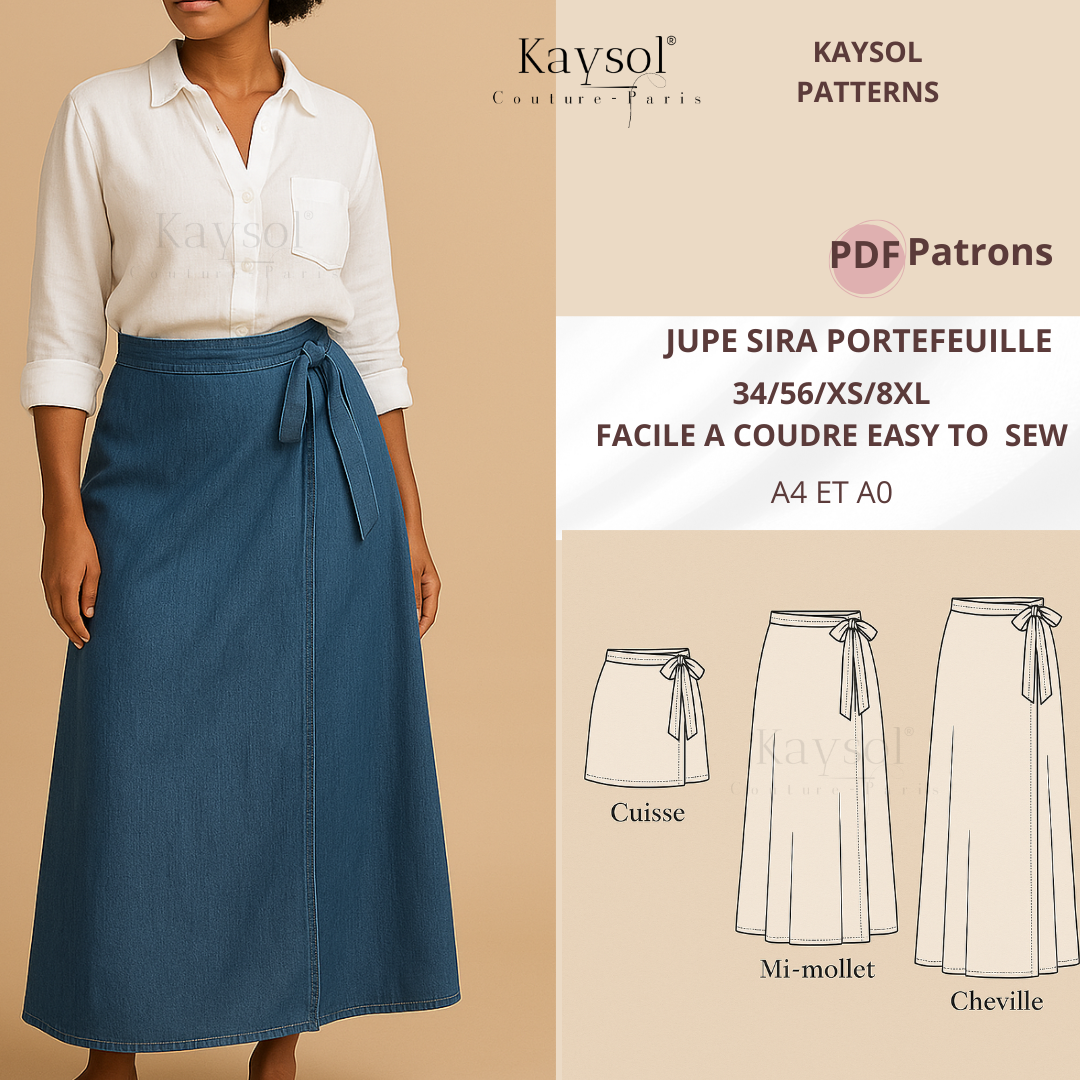 Jupe portefeuille Sira Kaysol Couture portée par le mannequin digital Aya, modèle féminin fluide et élégant, disponible en plusieurs longueurs, photographié sur fond studio beige neutre.