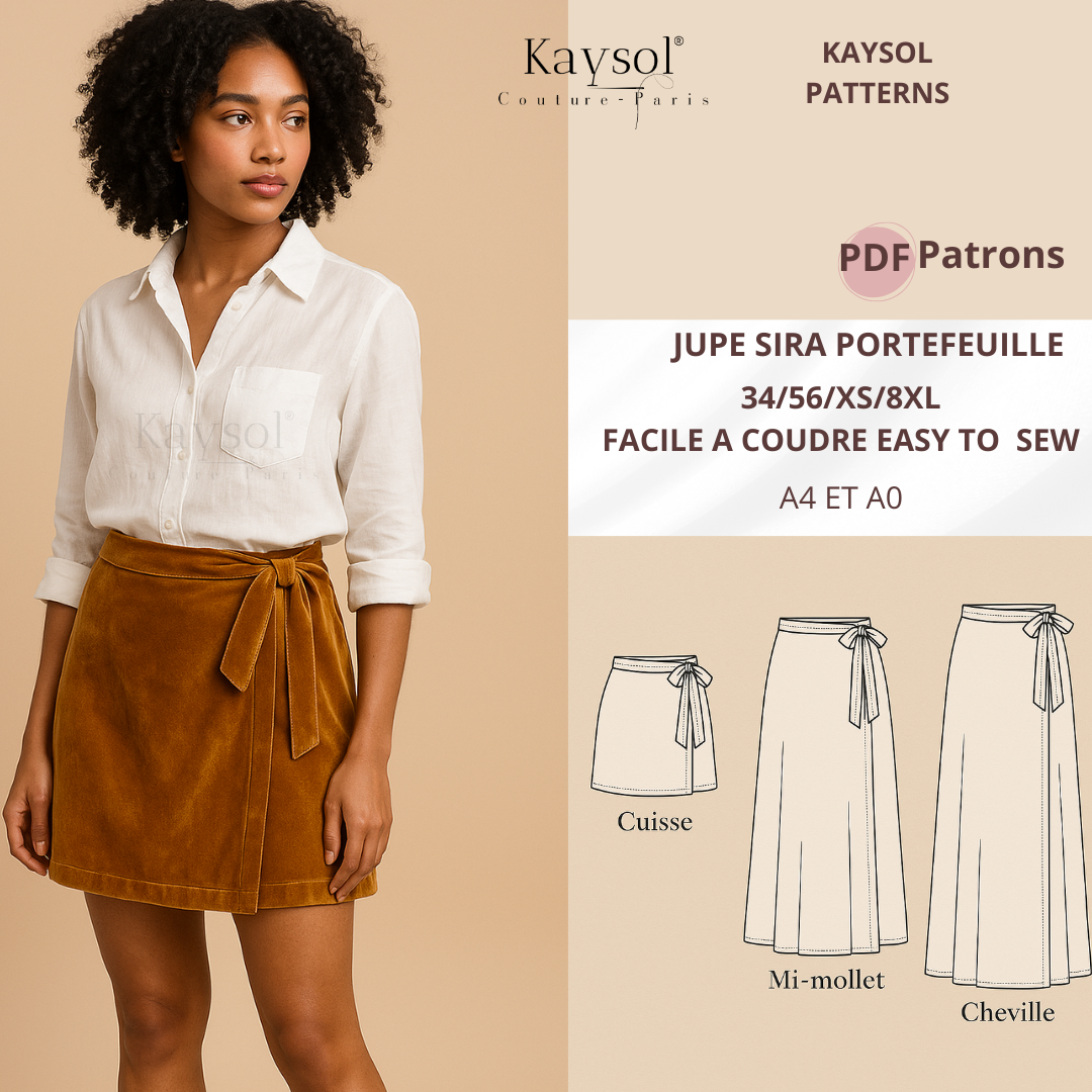 Jupe portefeuille Sira Kaysol Couture portée par le mannequin digital Aya, modèle féminin fluide et élégant, disponible en plusieurs longueurs, photographié sur fond studio beige neutre.