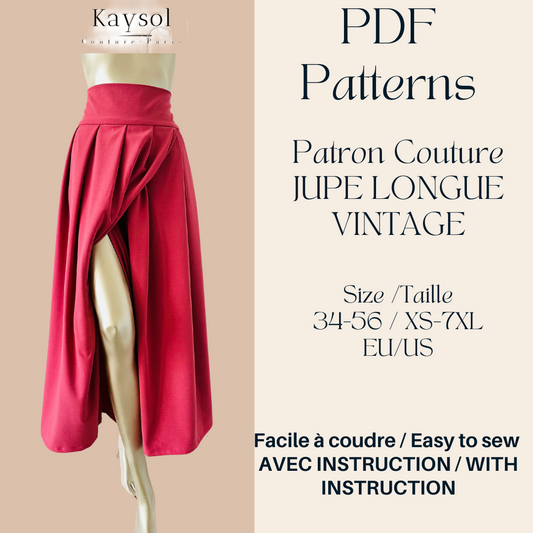 Patron couture Jupe Vintage - PDF à télécharger - Jupe longue fente portefeuille
