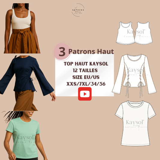 Patrons Couture Haut femme - Pack de 3 modèles - 12 Tailles - US/EU - Instruction