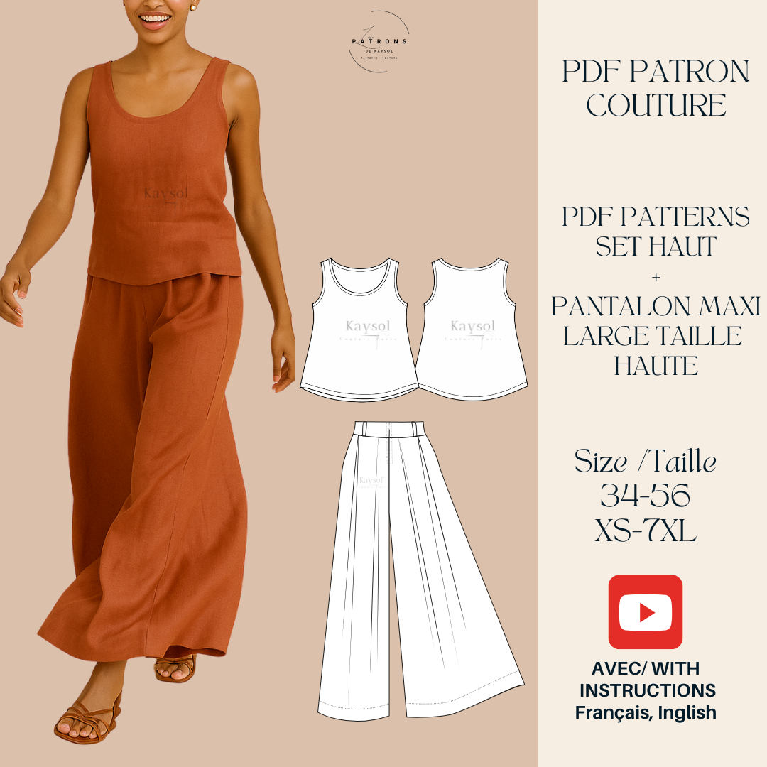 Set à Coudre été - Ensemble Haut et Pantalon maxi large - 12 tailles - PDF