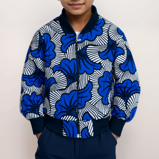 Bomber en wax pour enfant - bomber tissu africain bleu - wax bleu roi - blouson en wax pour enfant 