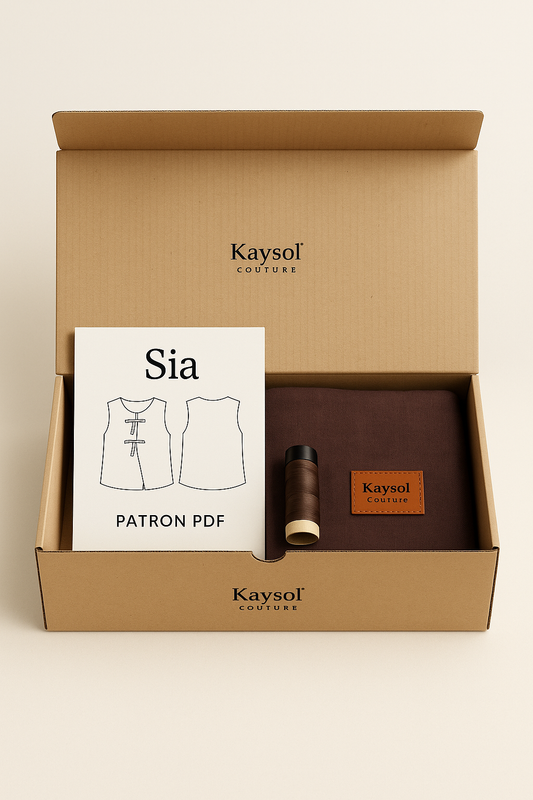 Box couture haut Sia – Patron + tissu 100% lin chocolat + mercerie assorti