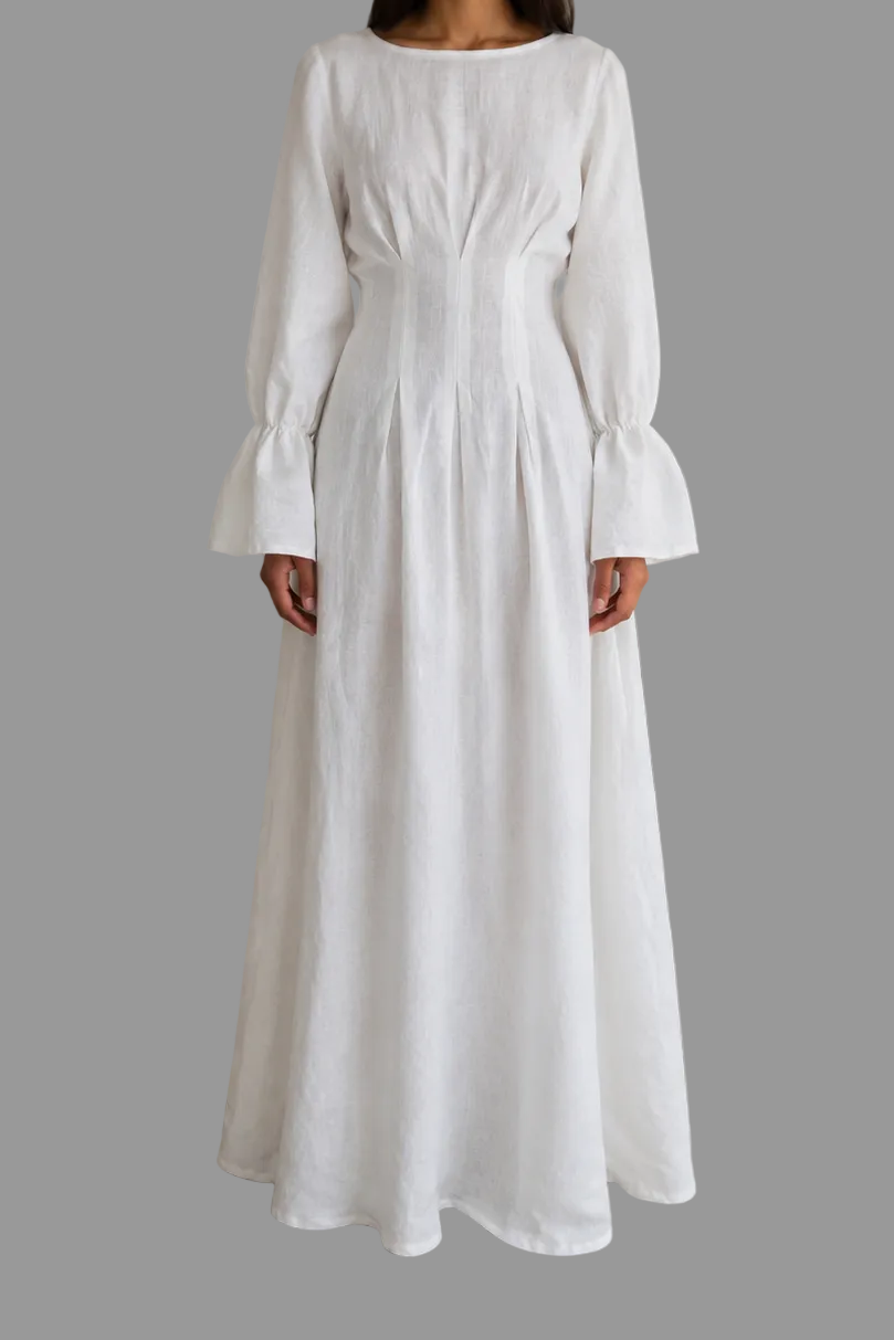 Robe Djadja en lin naturel, coupe fluide avec taille ajustable et longues bandes nouées dans le dos, création artisanale Kaysol Couture.