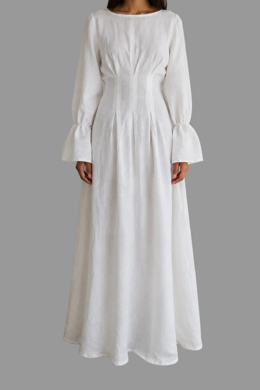Robe Djadja en lin naturel, coupe fluide avec taille ajustable et longues bandes nouées dans le dos, création artisanale Kaysol Couture.
