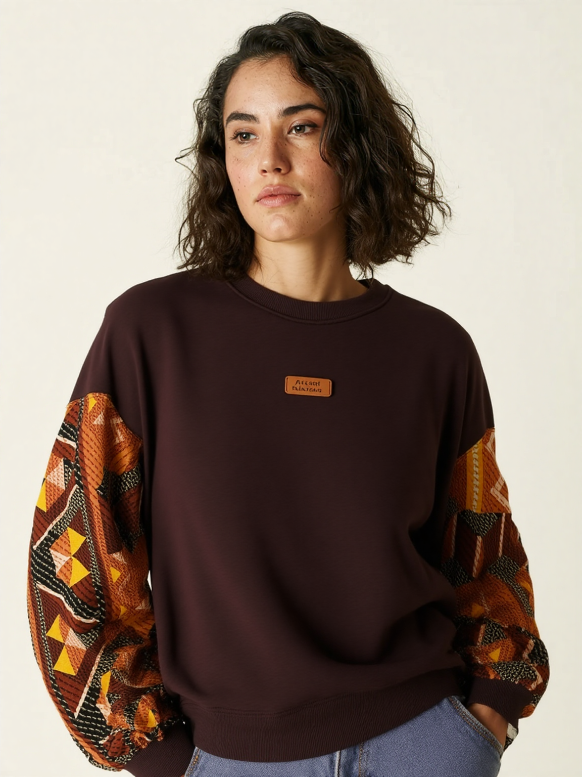 Sweat femme beige manches batik Bogolan pailleté. Confort, style unique et inspiration wax. Cadeau original signé Kaysol Couture.