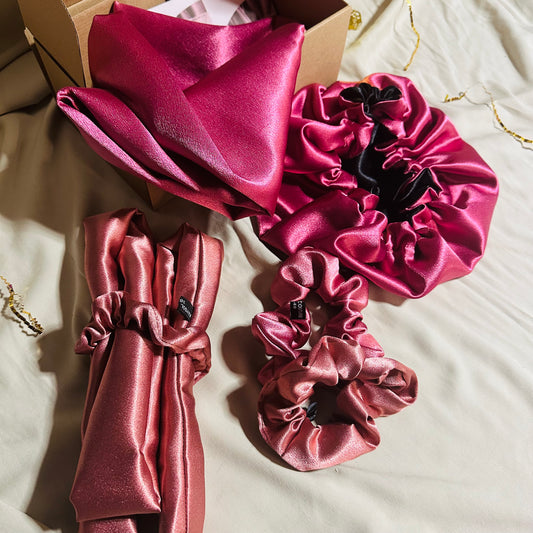 Box boucleur cheveux sans chaleur en satin premium avec bonnet recto verso, heatless curls rose gold, 3 chouchous et taie d’oreiller assortie.