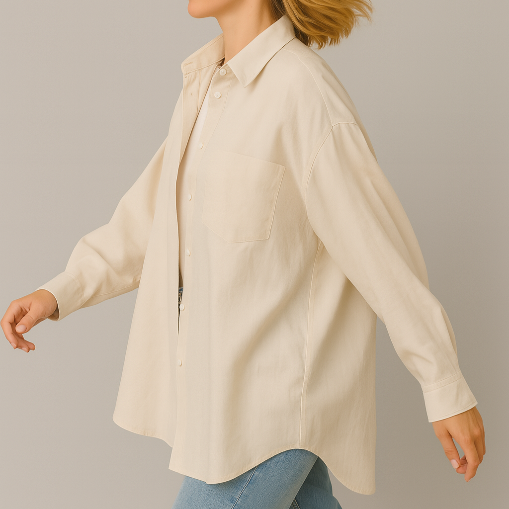 Patron PDF chemise femme oversize, du 34 au 56. Manches longues, col classique, poignets avec ou sans fente. Niveau intermédiaire. Marges comprises.