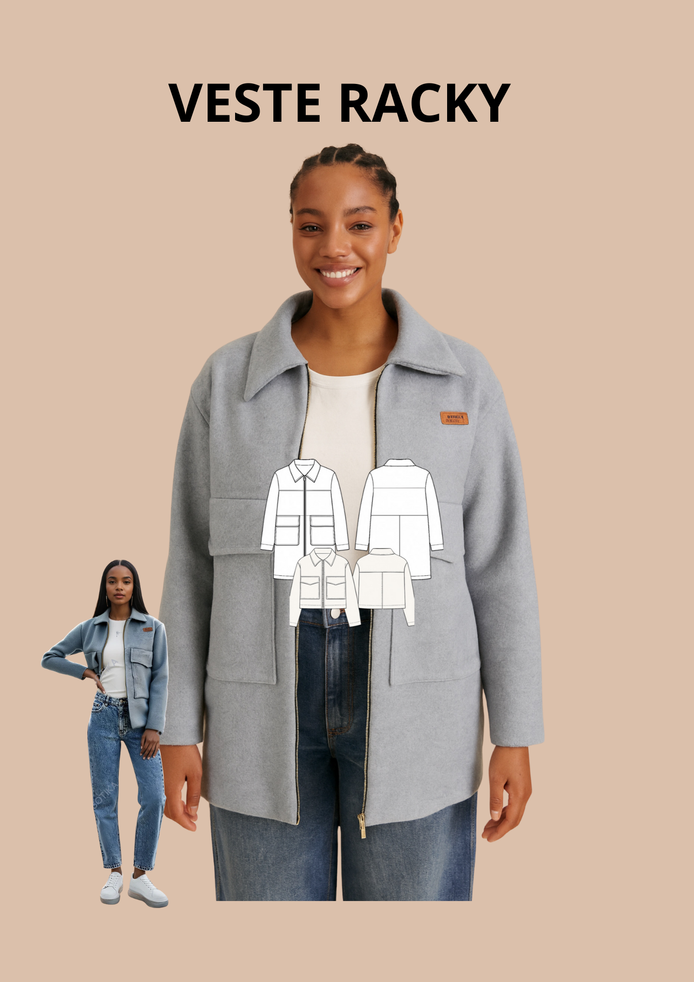 Patron couture Veste Racky – PDF multi-tailles XS–7XL + Video couture