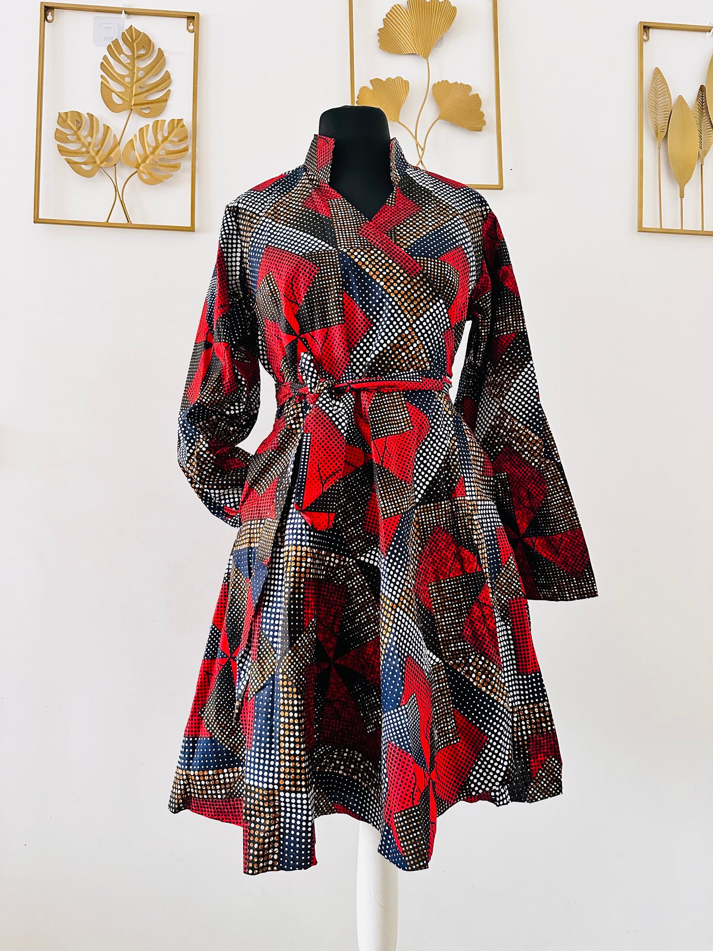 Robe courte en wax - Manches longues - Wax Rouge