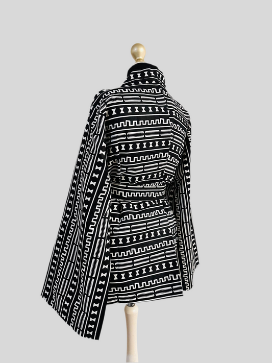 Veste Kimono en Wax _ Bogolan noir et blanc - Avec Ceinture