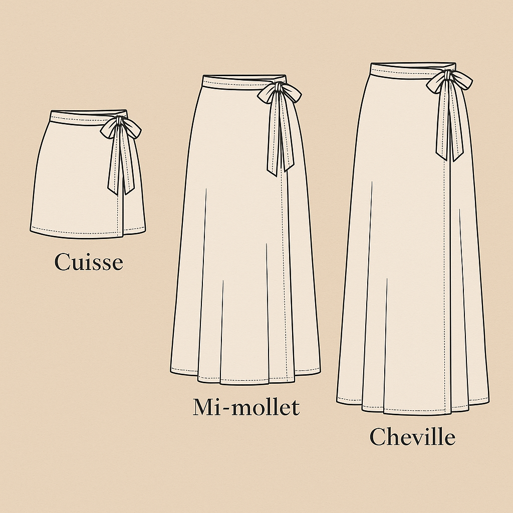 Jupe portefeuille Sira Kaysol Couture portée par le mannequin digital Aya, modèle féminin fluide et élégant, disponible en plusieurs longueurs, photographié sur fond studio beige neutre.