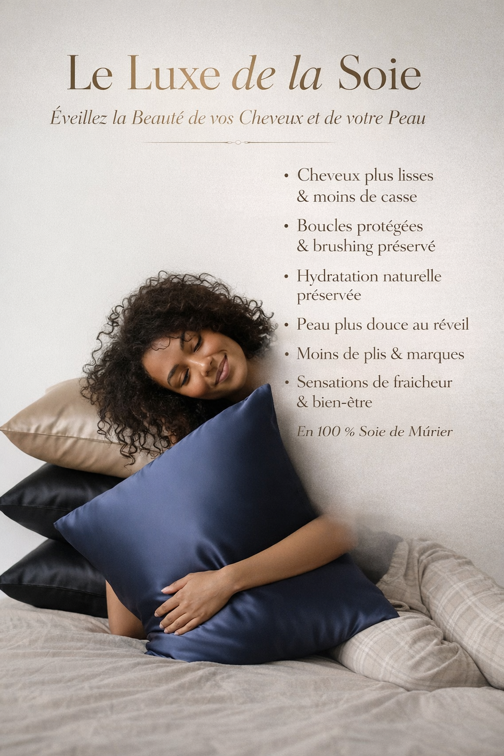 Coffret soie de mûrier noir beige avec taie 22 mommes, bonnet 19 mommes et deux chouchous assortis.