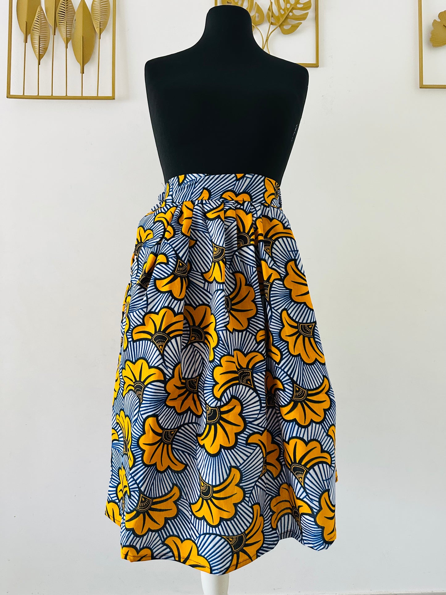 Jupe maxi en Wax - jupe africaine taille haute - tissu Wax fleurs de mariage bleu - Rouge - Jaune