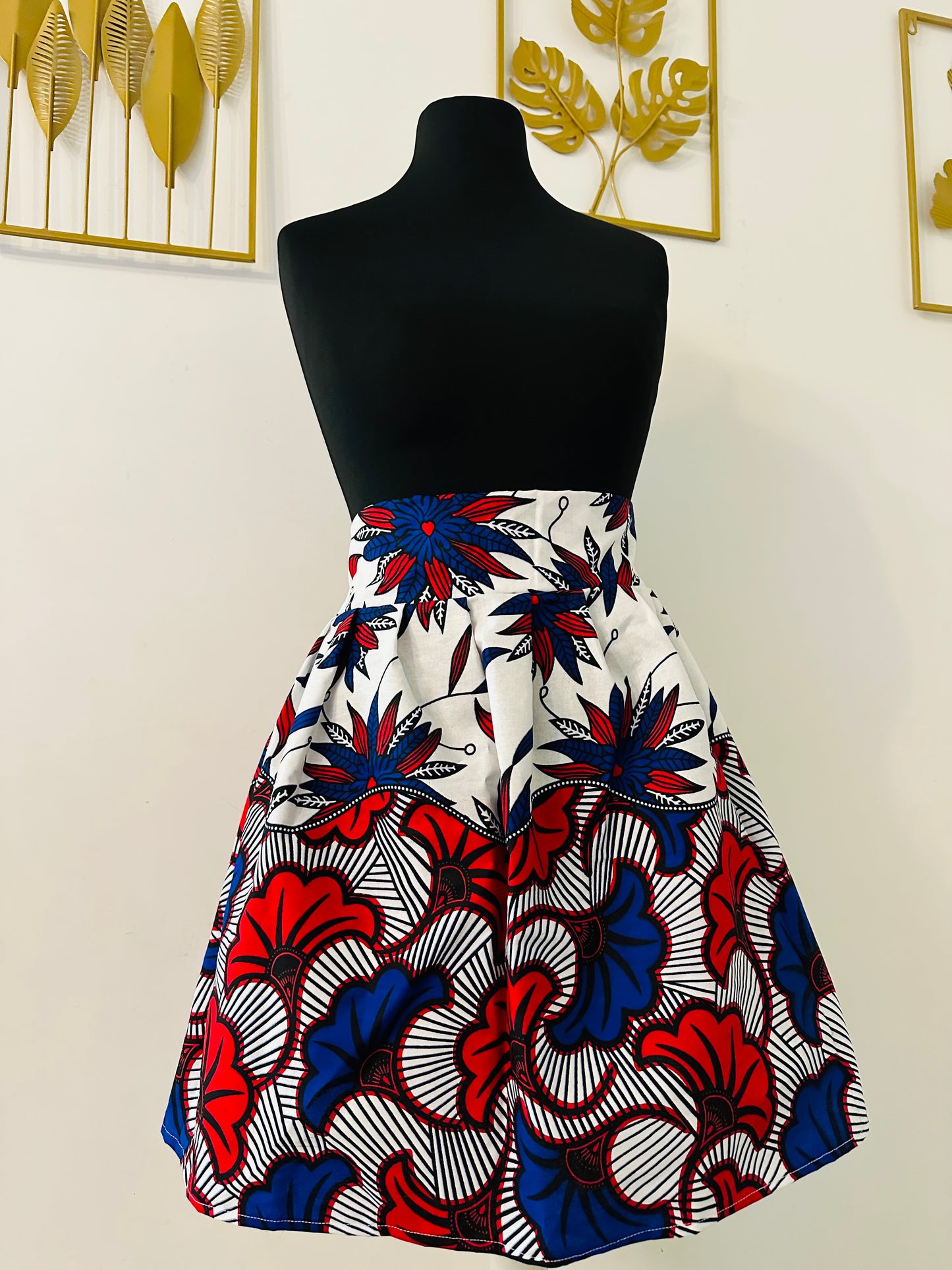 Jupe maxi en Wax - jupe africaine taille haute - tissu Wax fleurs de mariage bleu - Rouge - Jaune