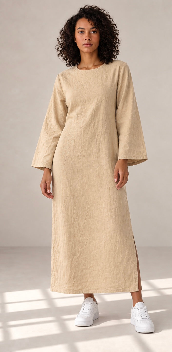 Long brown linen dress – Marina – Modest, flowing, adjustable