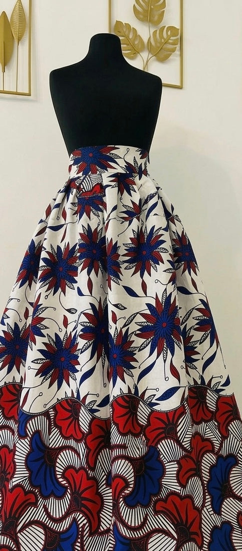 Jupe maxi en Wax - jupe africaine taille haute - tissu Wax fleurs de mariage bleu - Rouge - Jaune
