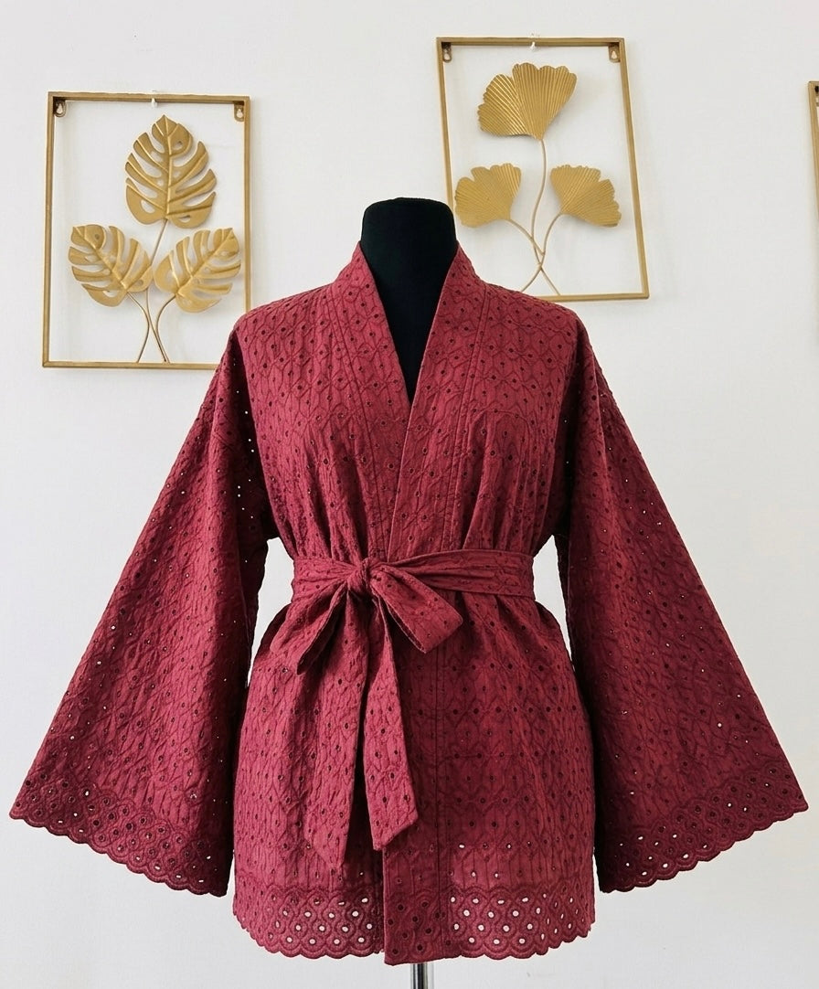 Burgundy Red Broderie Anglaise Kimono – Women's Broderie Jacket / Iconic