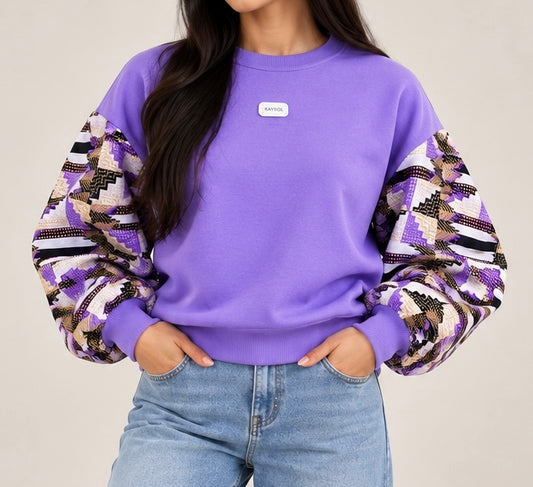 Sudadera de mujer con Wax / Lila - Mangas batik Bogolan con purpurina / Nuevo