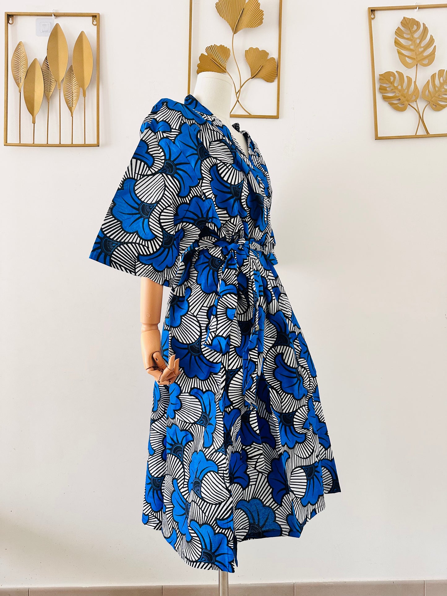 Robe portefeuille africaine - Wax  Bleu Roi - Jaune
