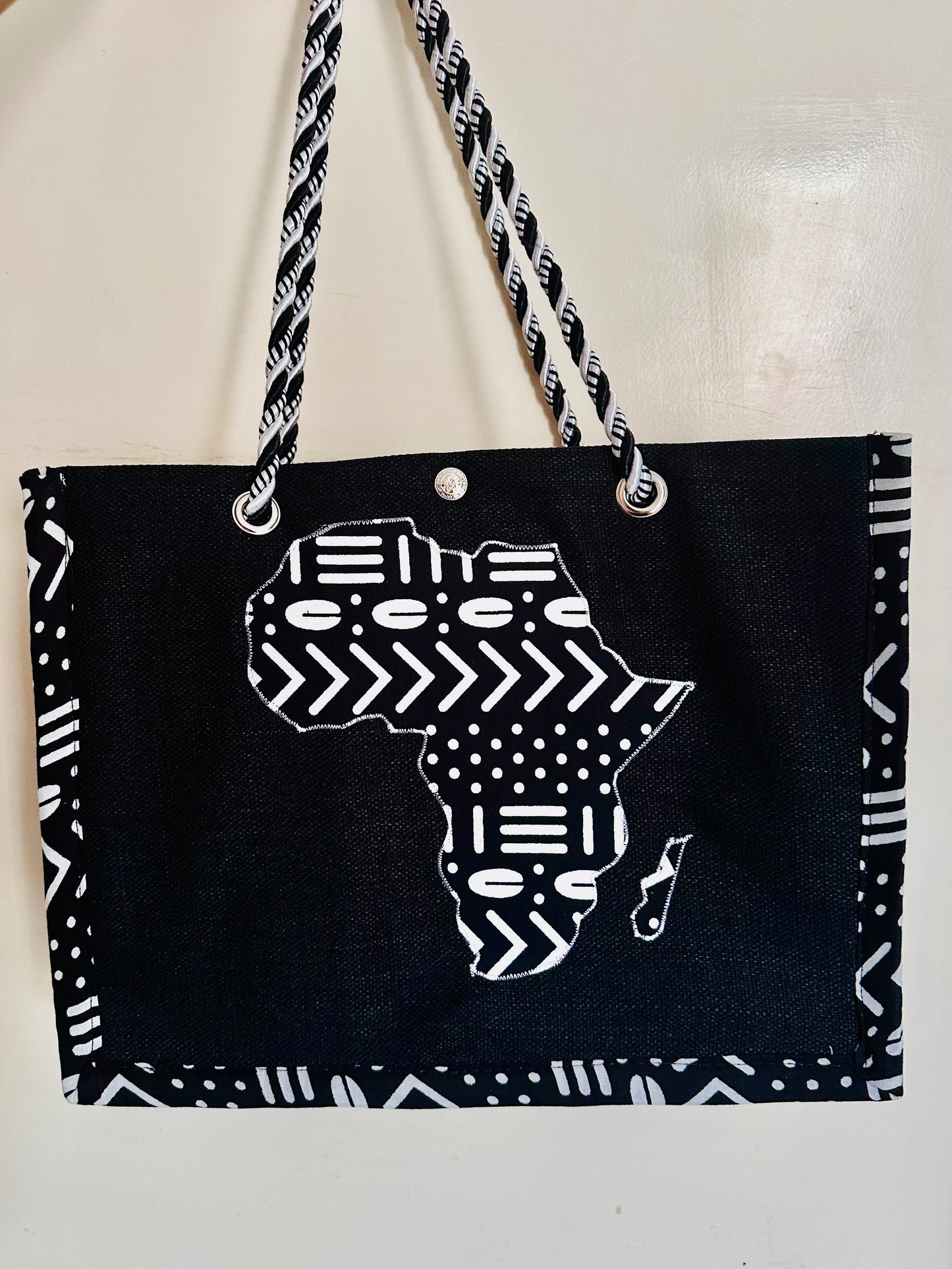 Sac cabas en Wax - Bogolan Noir / Carte Afrique