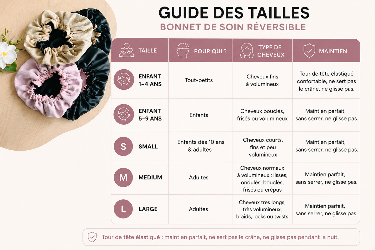 Bonnet de soin réversible – Soie de mûrier & Double gaze de coton / 2en1