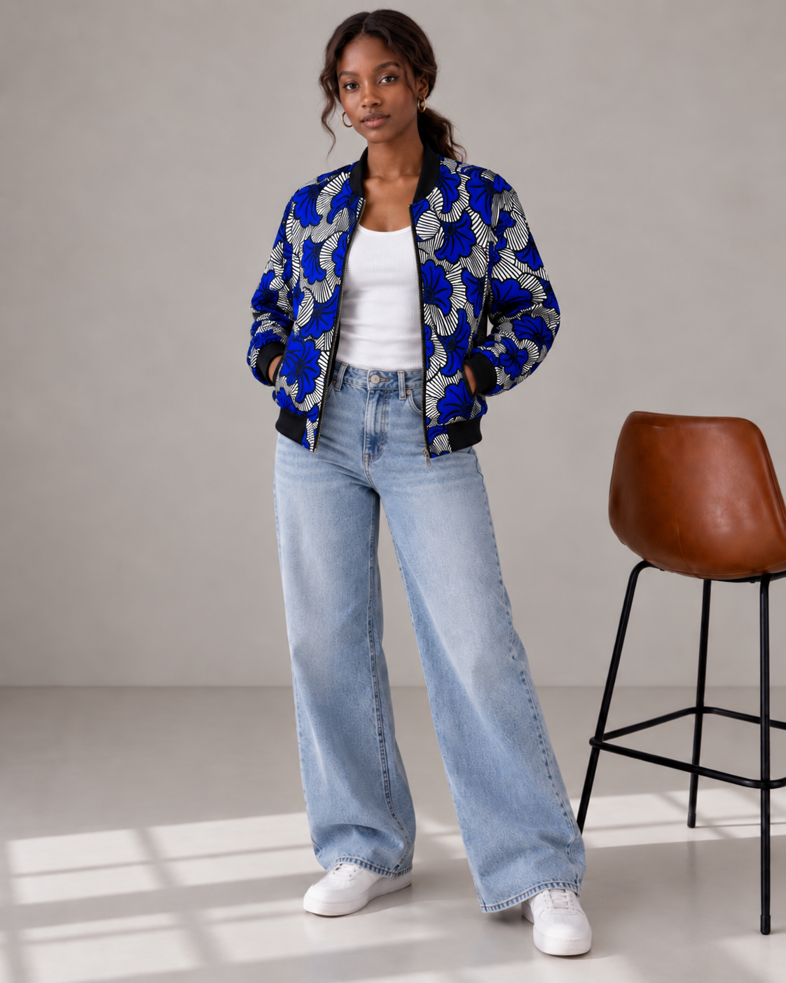 Unisex Wax Bomber Jacket - Royal Blue - Black trim