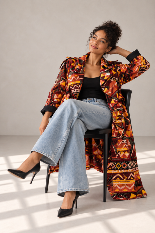 Trench femme en Wax Marron / Collection Iconique / Taille Ajustable
