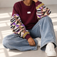 Damen-Sweatshirt mit Wax-Stoff / Bordeaux - Ärmel mit glitzerndem Bogolan-Muster / Neu