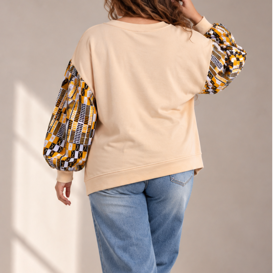 Afrikanisches Sweatshirt – V-Ausschnitt – beiger Hoodie – Bogolan