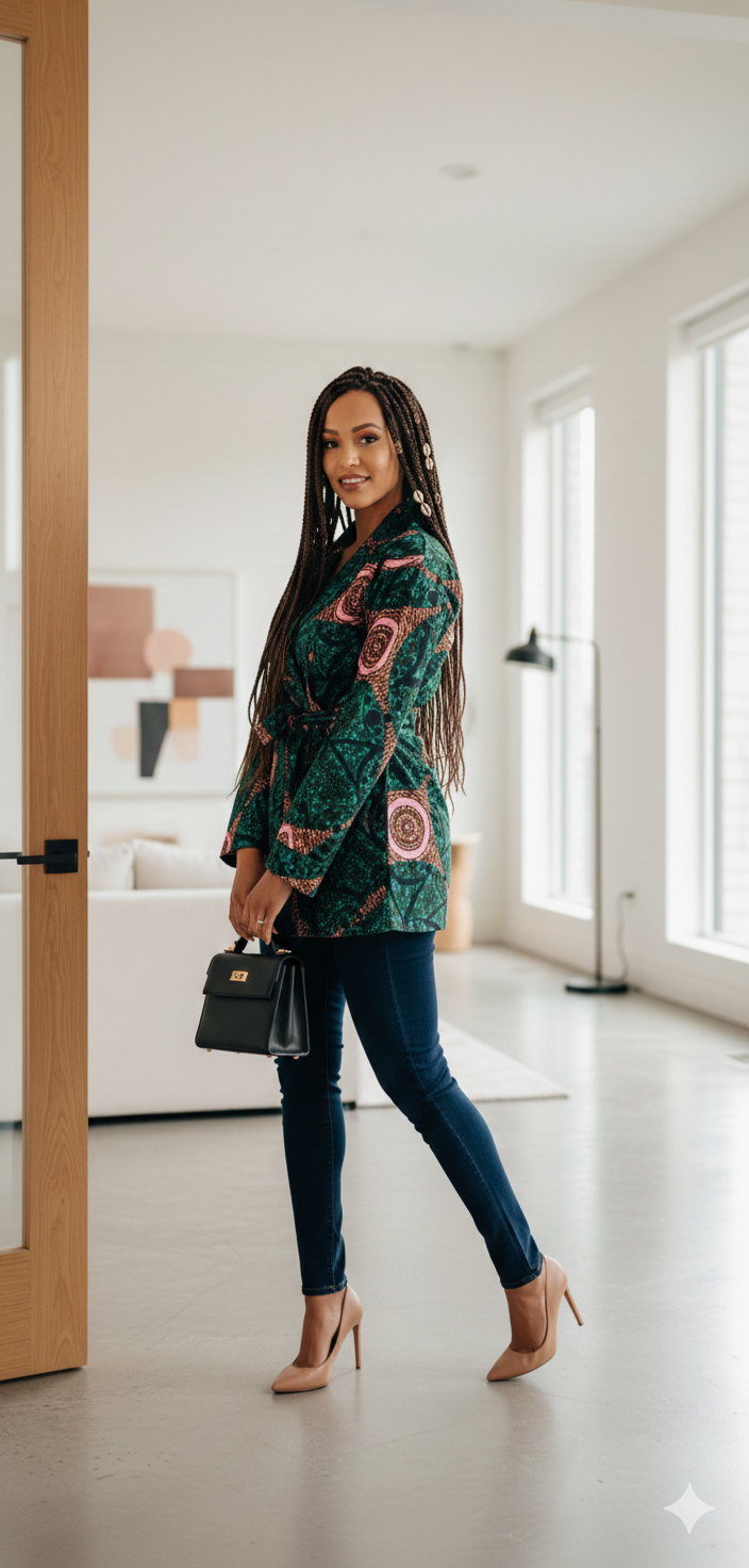 Kimono en wax Turquoise - avec ceinture