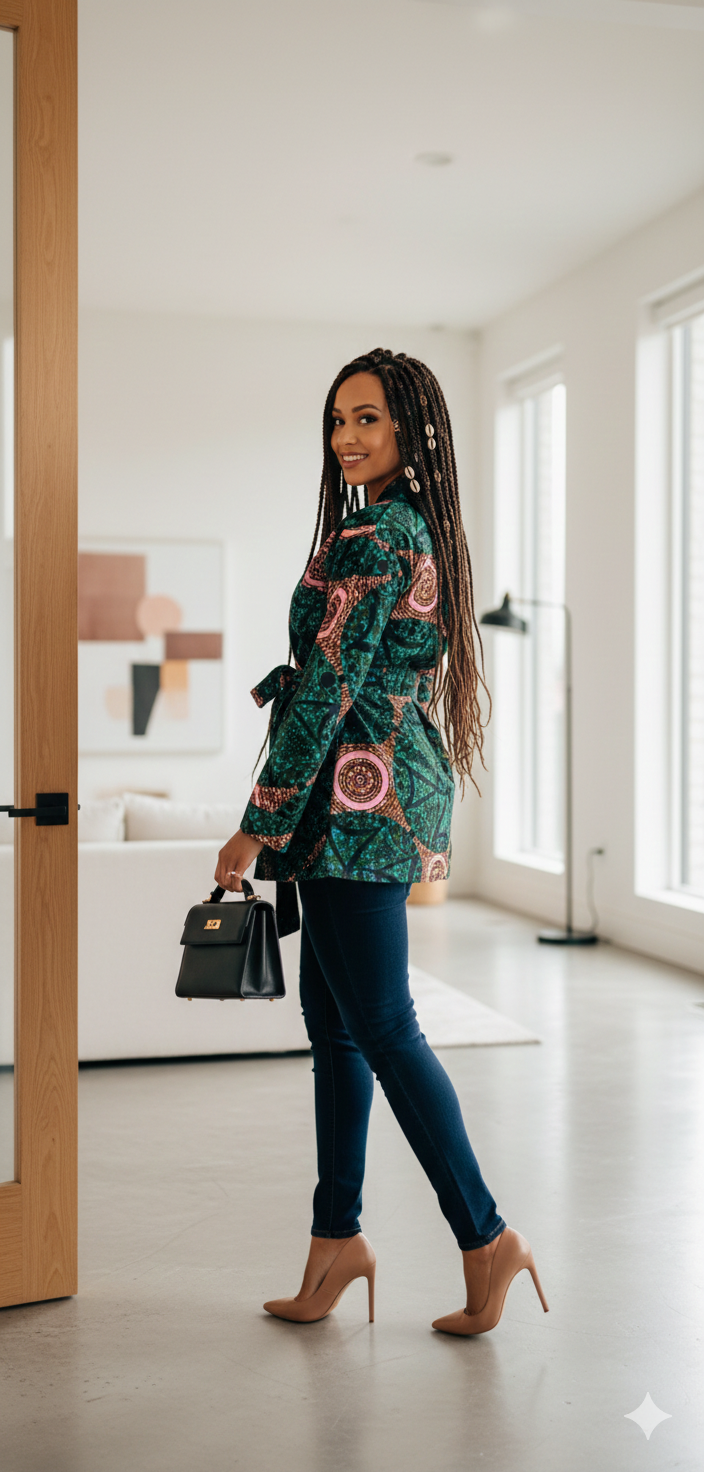 Kimono en wax Turquoise - avec ceinture