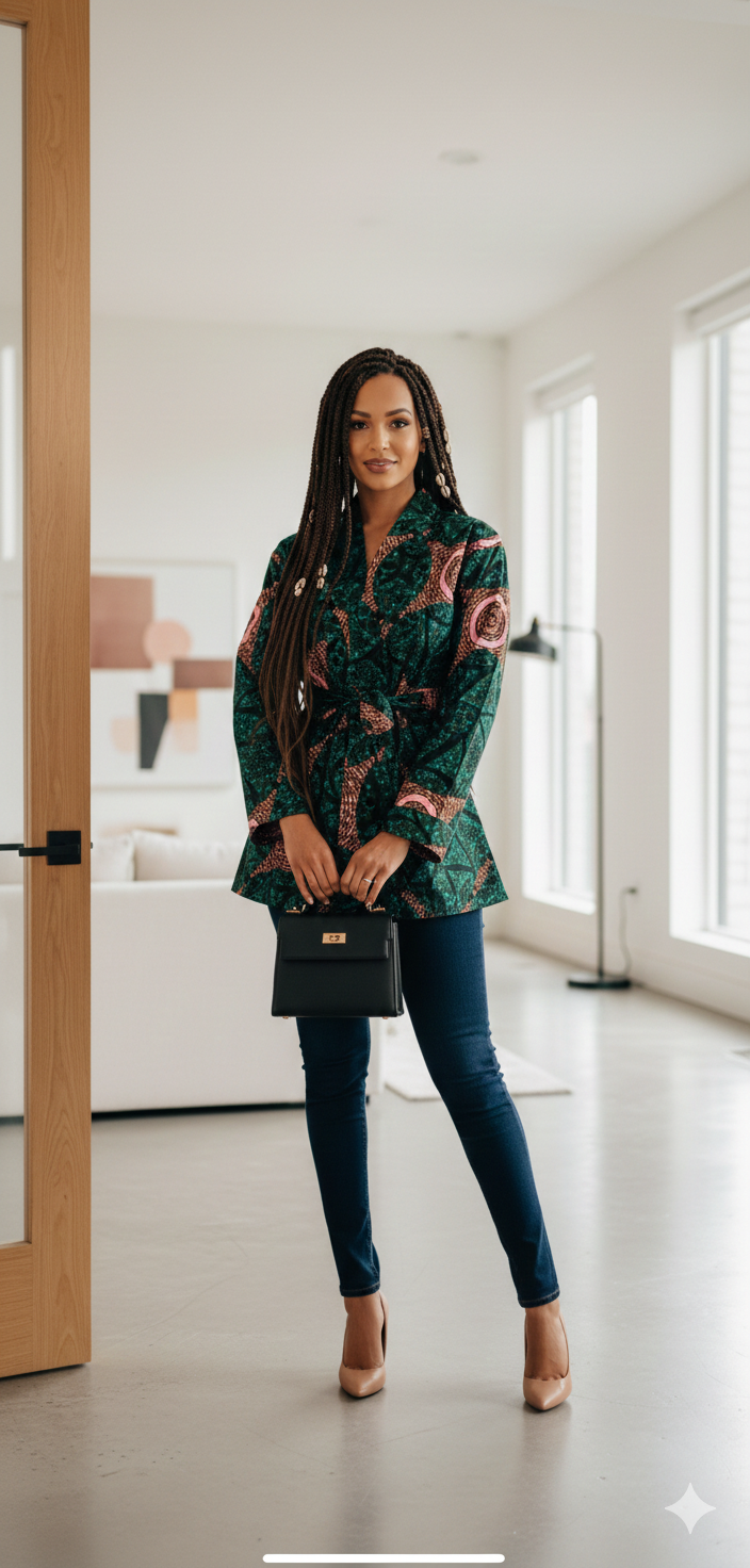 Kimono en wax Turquoise - avec ceinture