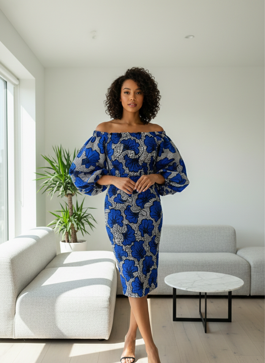Robe Élastique droite en wax  - Manches bouffantes chic - Wax bleu
